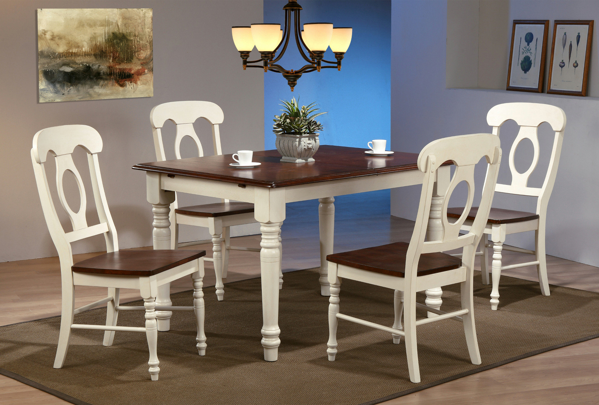 5Piece 60" Rectangular Extendable Dining Set Antique White/Chestnut