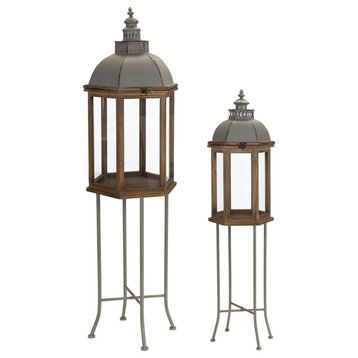 Lantern On Stand, 2-Piece Set, 11.25"Dx44"H & 16.5"Dx56"H Wood/Iron