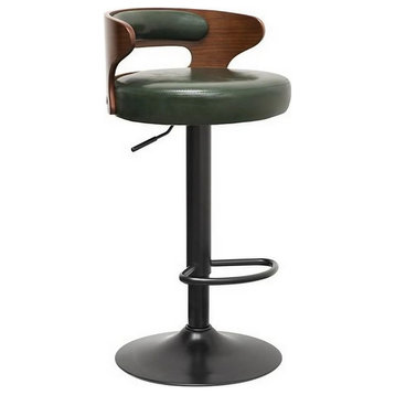 Minimalistic Black Leg Leather Bar Chair, Green, Dark Wood Backrest