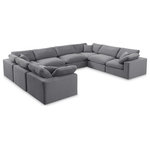 Meridian Furniture - Comfy Upholstered U-Shaped Modular Sectional, Grey, 8-Piece: 4 Armless Chair, 4 Corner Chair, Velvet - Give your space a whole new look with this grey Comfy velvet sectional. This handsome sectional fits nicely with other items in the Comfy collection and is a versatile seating option designed for adaptability, comfort and style. Wrapped in rich grey durable velvet upholstery, this sectional offers a plush embrace of overstuffed down feather cushions, carefully crafted to deliver the highest level of comfort. The perfect seat for creating an oasis for relaxation, this sectional has thick foam surrounding its frame for added support and coziness.