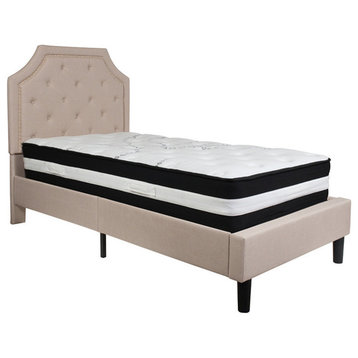 Brighton Twin Tufted Upholstered Platform Bed, Beige Fabric, Pocket Mattress