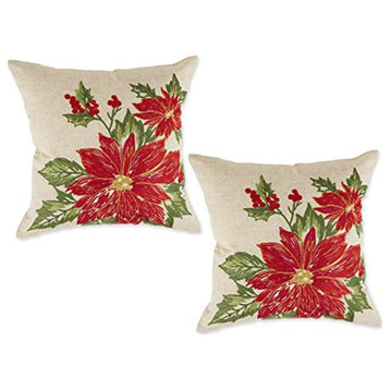 Dii Poinsettia Holly Embroidered Pillow Cover 18x18", Set of 2