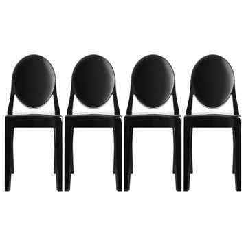 Designer Stackable Side Chair Dining Room Chairs With Solid Back Set of 4, Black