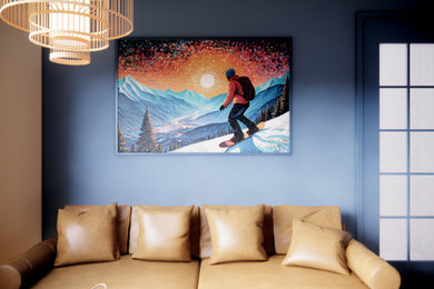 Идея дизайна: гостиная комната среднего размера в скандинавском стиле с синими стенами, деревянным полом, горизонтальным камином, фасадом камина из металла, бежевым полом и коричневым диваном