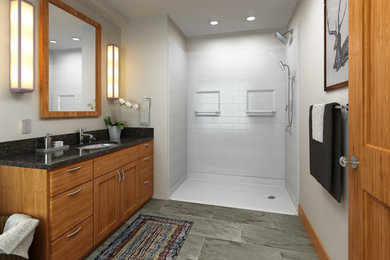 Example of a mid-sized classic master white tile and porcelain tile porcelain tile and gray floor bathroom design in Other with shaker cabinets, medium tone wood cabinets, a two-piece toilet, gray walls, an undermount sink and granite countertops