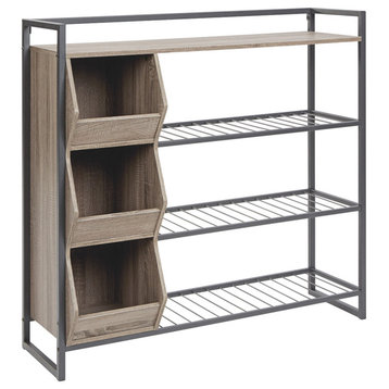 Benzara BM232946 43.25 Inches 3 Cubby Shoe Rack With 4 Shelves, Brown and Gray