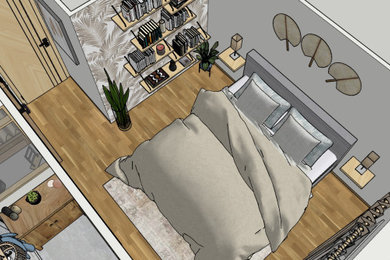 Modelo de dormitorio principal y beige y blanco minimalista de tamaño medio sin chimenea con paredes blancas, suelo de madera clara, suelo marrón y papel pintado
