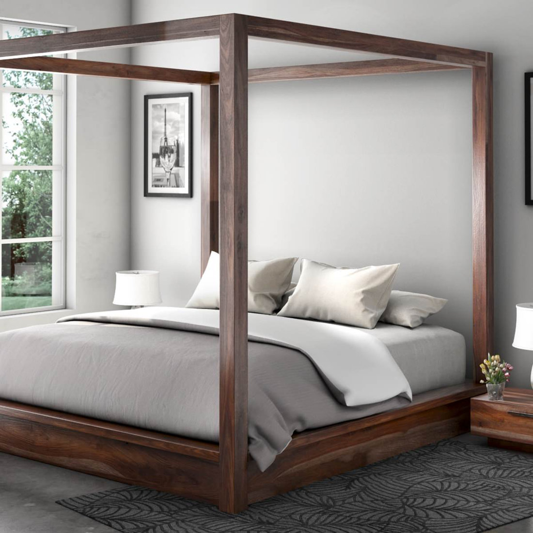 Hampshire Rustic Solid Wood Canopy Bed w Nightstands