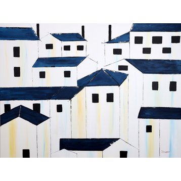 Blue rooftop houses, Architecture landscape painting, cityscape artwork