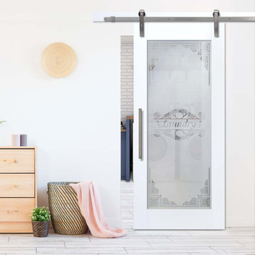 Laundry Sliding Barn Door with 8 Different Frosted Designs, 36"x84" Inch, Stainless Steel Hardware