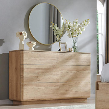 52" Natural Oak 6-Drawer Dresser - Modern Wood Chest with Curved Profile