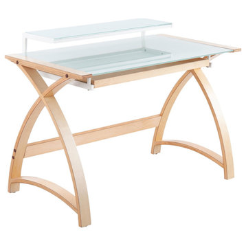 Bentley Office Desk, Natural Wood, White Glass