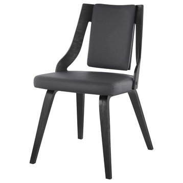 Set of 2 Dining Chair, Faux Leather Seat With Unique Open Back, Grey/Matte Black