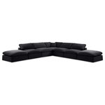 Meridian Furniture - Comfy Upholstered L-Shaped Modular Sectional, Black, 7-Piece: 4 Armless Chair, 1 Corner Chair, 2 Ottoman, Velvet - Indulge in a relaxing experience with the Comfy Velvet Sectional. The soft durable black velvet upholstery adds an elegant touch to any living space, while the plush overstuffed cushions create a cozy and inviting atmosphere. This sectional is perfect for spending quality time with family and friends, offering unparalleled comfort that will make you never want to leave. Whether you're watching your favorite sports games or having a movie night, the Comfy Velvet Sectional is the perfect addition to your home.
