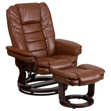Contemporary Leather Recliner And Ottoman Set, Brown Vintage