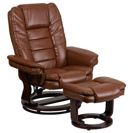 Contemporary Leather Recliner And Ottoman Set, Brown Vintage