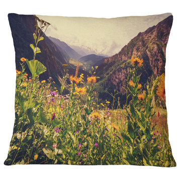 Green Mountain Meadow With Flowers Flower Throw Pillow, 16"x16"