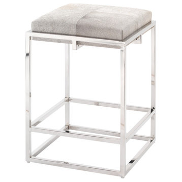 Shelby Counter Stool, Gray Hide and Nickel Metal