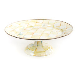 Parchment Check Enamel Pedestal Platter - Small | MacKenzie-Childs - Serving Dishes And Platters