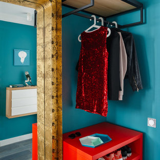 モスクワの小さいコンテンポラリースタイルのおしゃれな玄関 (青い壁) の写真