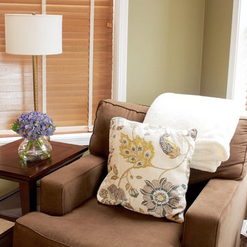 Traditional Family Room with Floral Throw Pillow and Nearly Natural Blooming Hyd