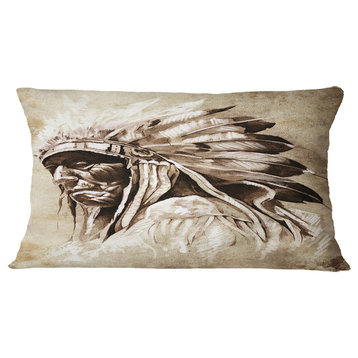 Vintage Style Indian Head Tattoo Abstract Throw Pillow, 12"x20"