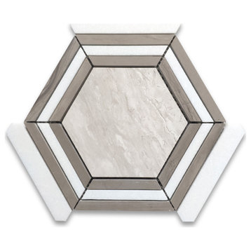 Athens Silver Cream Marble 5" Hexagon Strips Georama Geometric Tile, 1 sheet