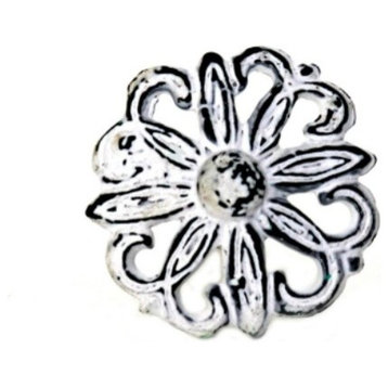 Set of Four Floral Metal Cabinet Knobs in Distressed White Finish