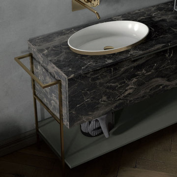 Modern bathroom with black marble look vanity