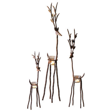 Rustic Metal Reindeer Standing Glass Tealight Candle Holder 3-Piece Set