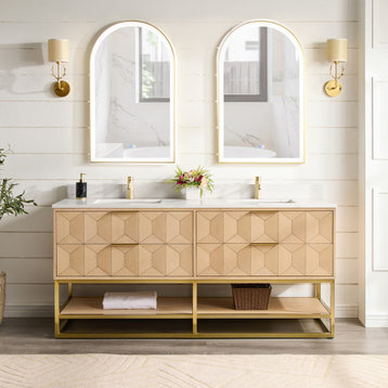 Milagro Bath Vanity With Top, Ash Grey, Brushed Gold Base, 72", No Mirror