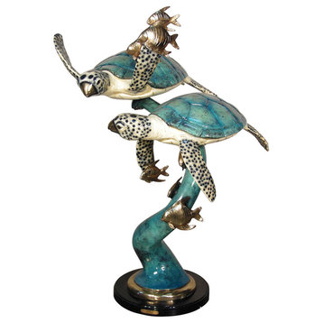 Sea Turtles Swimming With Fish Bronze Fountain Sculpture, Special Patina Finish