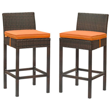 Modern Outdoor Patio Bar Stool Chair, Set of Two, Fabric Rattan, Brown Orange