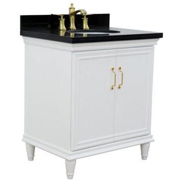 31" Single Vanity, White Finish With Black Galaxy And Oval Sink