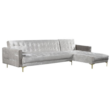 Right Facing Sectional Sleeper Sofa, Golden Legs With Tufted Velvet Seat, Silver