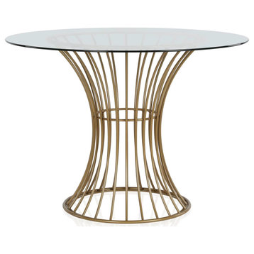 Modern Dining Table, Cage Like Brass Finished Base With Round Tempered Glass Top
