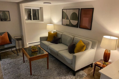 Diseño de salón moderno de tamaño medio con paredes blancas, moqueta y suelo marrón