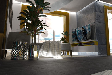 Стильный дизайн: большая открытая гостиная комната в современном стиле с серыми стенами и темным паркетным полом - последний тренд
