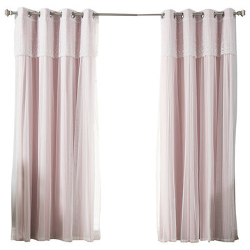 Tulle Sheer With Attached Valance and Solid Blackout Curtains, Light Pink, 96"
