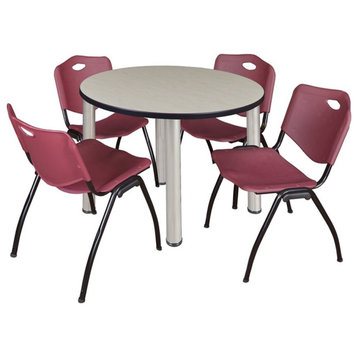 Kee 36" Round Breakroom Table, Maple/Chrome and 4 "M" Stack Chairs, Burgundy
