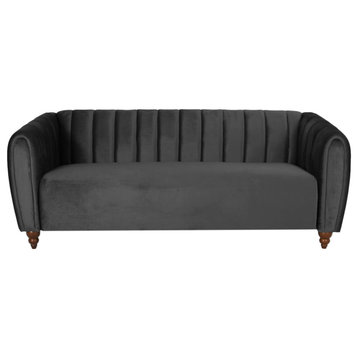 Worden Modern Glam Velvet Channel Stitch 3 Seater Sofa, Black + Walnut