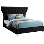 Meridian Furniture - Kira Velvet Upholstered Bed, Black, King - Bring this Kira velvet bed into your space to give your room an instant style boost. This stunning king-sized bed features soft black velvet upholstery, including the headboard and sideboards. Deep button tufting draws instant visual interest into your room, adding an elegant and sophisticated element that's hard to ignore. The padded design makes sitting up in bed to read or watch TV a more luxurious and comfortable endeavor. Elegant turned feet made from acrylic add a modern finish to the bed.
