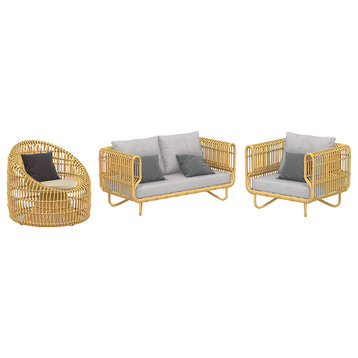 4 Pieces Rattan Outdoor Sofa Set with Glass Top Coffee Table and Cushions