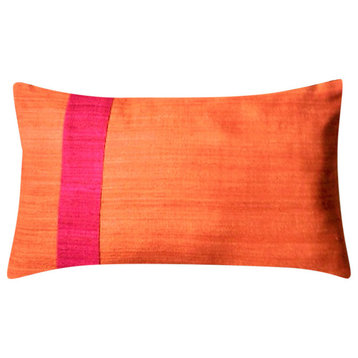 Modern Silk Color Block Lumbar Pillow Cover, Tangerine Orange, 12" X 18"