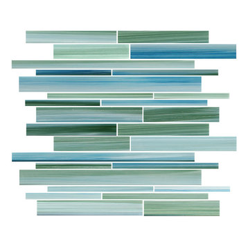 Rip Curl Green and Blue Hand Painted Linear Glass Mosaic Tile, 12"x12"