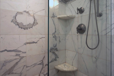 Mid-sized transitional gray tile and stone tile ceramic tile alcove shower photo in Philadelphia