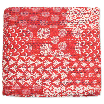 NOVICA Cotton bedspread and pillow shams Kantha Charm in Red (3 piece), King