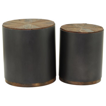2 Pack Rustic End Table, Cylindrical Design With Black Metal Support & Wood Top