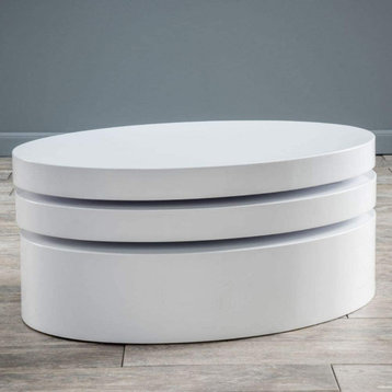 Unique Coffee Table, Oval Shape With Rotatable Top, High Gloss White Finish