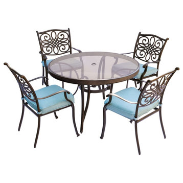 5 Pieces Patio Dining Set, Glass Round Table & Padded Chairs With Patterned Back